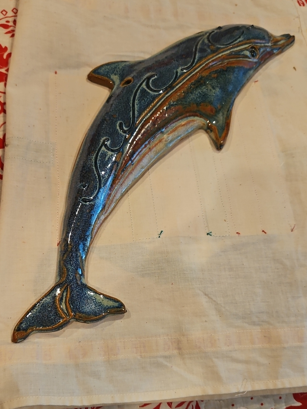 Handcrafted Blue Ceramic Dolphin Wall Art - Artist Signed